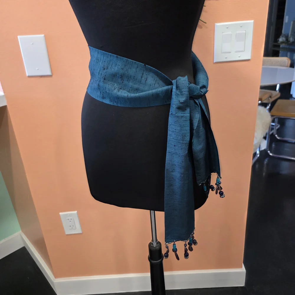 Whimsigoth Vintage Echo Teal Scarf with Beaded Fringe Silk